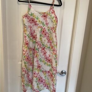 White Butterfly Print Spaghetti Strap Dress with Pink & Green Accents
